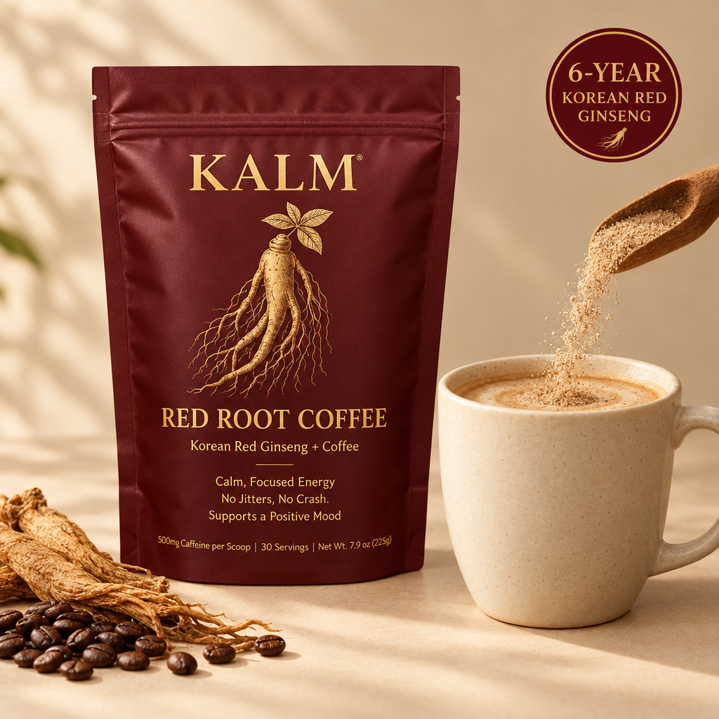 KALM Red Root Coffee pouch with a creamy latte and a scoop of powder