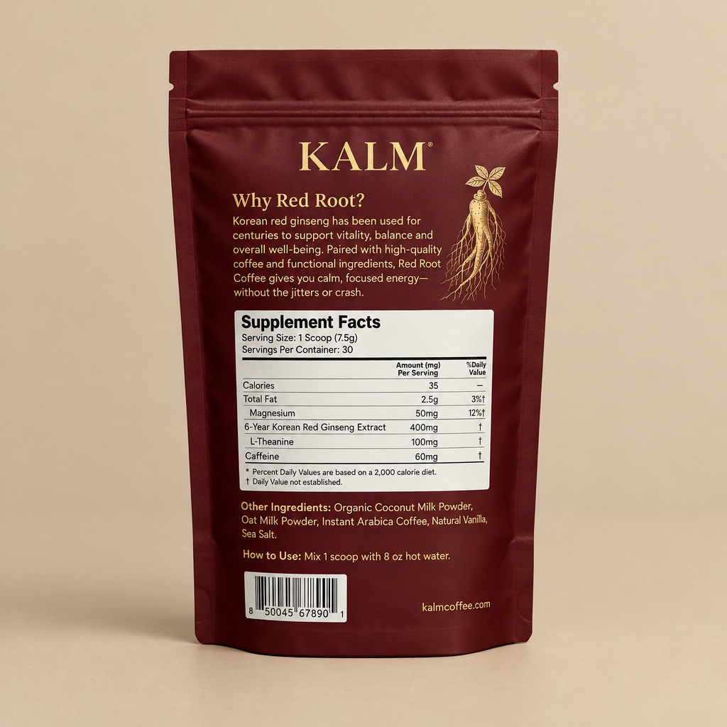 Back of the KALM Red Root Coffee pouch with ingredients and directions