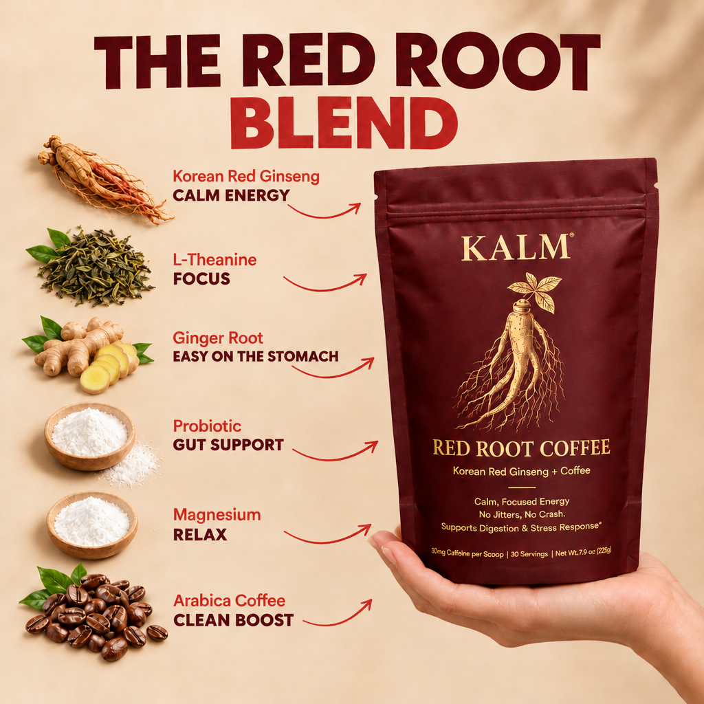 The Red Root blend: Korean red ginseng, L-theanine, ginger root, a hot-coffee-proof probiotic, magnesium and arabica coffee