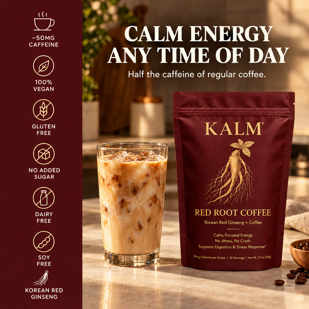 Calm energy any time of day: about 50 mg caffeine, vegan, gluten free, no added sugar