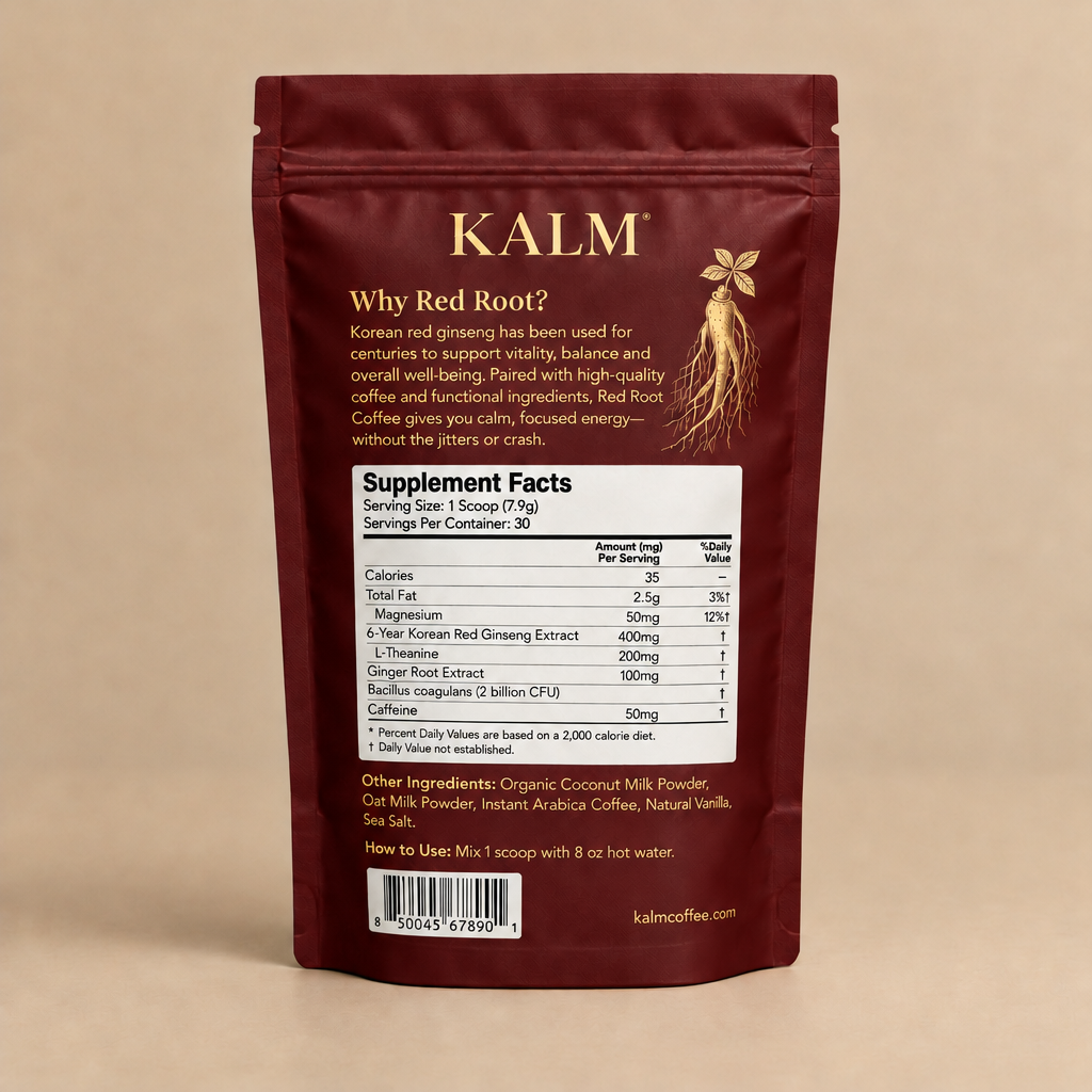 Back of the KALM Red Root Coffee pouch with ingredients and directions